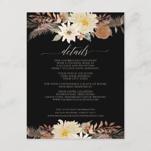 Moody BOHO Modern Herfst Floral Waterverf Black Informatiekaartje (Voorkant)