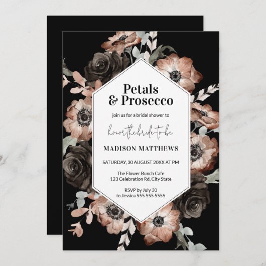 Moody Boho Petals en Prosecco Black Vrijgezellenfe Kaart (Voorkant / Achterkant)