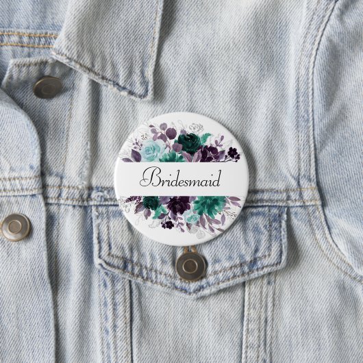 Moody Boho Teal & Purple Floral Bridal Party Ronde Button 7,6 Cm (In situ)