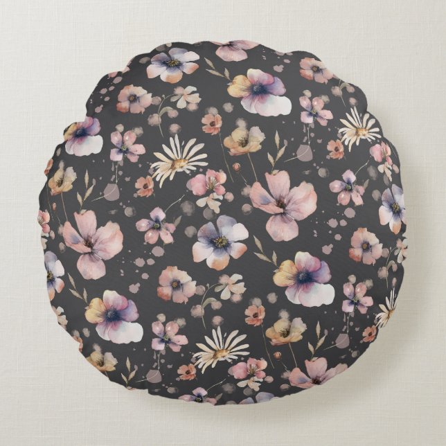 Moody Boho Waterverf Blush Wilde Bloemen Patroon  Rond Kussen (Voorkant)