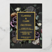 Moody Bold Dark Floral Black Gold Wedding Folie Uitnodiging (Voorkant)