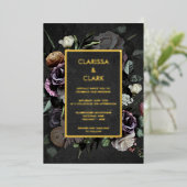 Moody Bold Dark Floral Black Gold Wedding Folie Uitnodiging (Staand Voorkant)