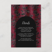Moody bordeaux zwart damast boog bruiloft details informatiekaartje (Voorkant)