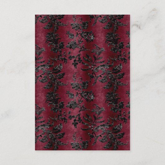 Moody bordeaux zwart damast boog bruiloft details informatiekaartje (Achterkant)