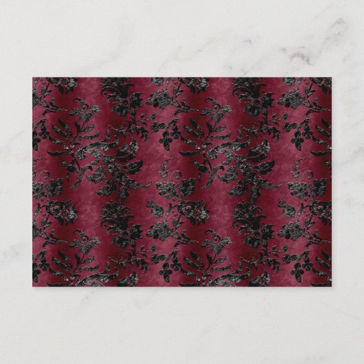 Moody bordeaux zwart damast boog bruiloft details informatiekaartje (Achterkant)