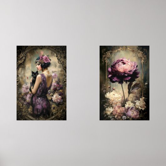 Moody Boudoir Portrait Cat & Peony Wall Art Set (Voorkant)