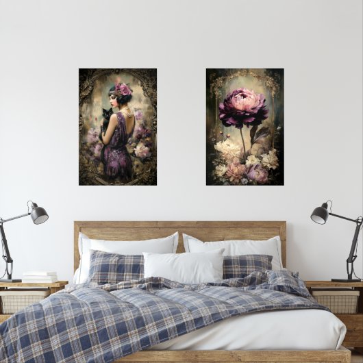 Moody Boudoir Portrait Cat & Peony Wall Art Set (Slaapkamer)