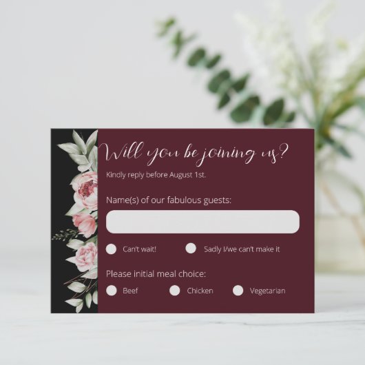 Moody Bourgogne Donker Bloemen Bruiloft RSVP Kaartje (Staand voorkant)