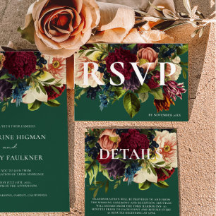 Moody Bourgogne Emerald Winter Bloemen bruiloft RSVP Kaartje