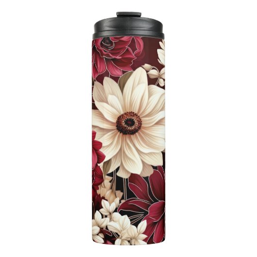 Moody Bourgogne en Cream Bloemen Thermosbeker (Voorkant)