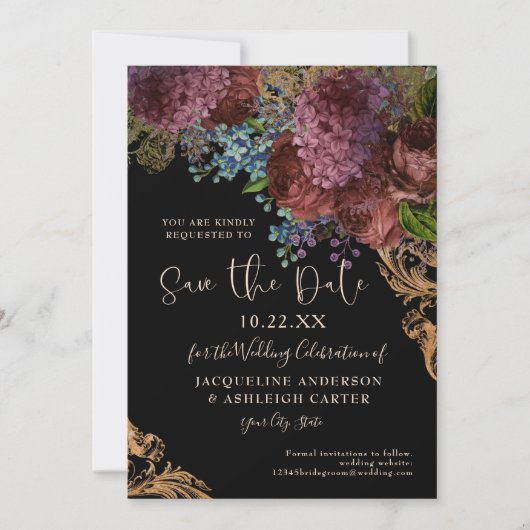 Moody  Bourgogne Floral Gold Black Wedding Save The Date (Voorkant)