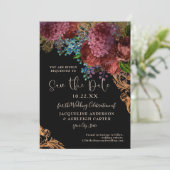 Moody  Bourgogne Floral Gold Black Wedding Save The Date (Staand voorkant)