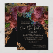 Moody  Bourgogne Floral Gold Black Wedding Save The Date (Voorkant / Achterkant)
