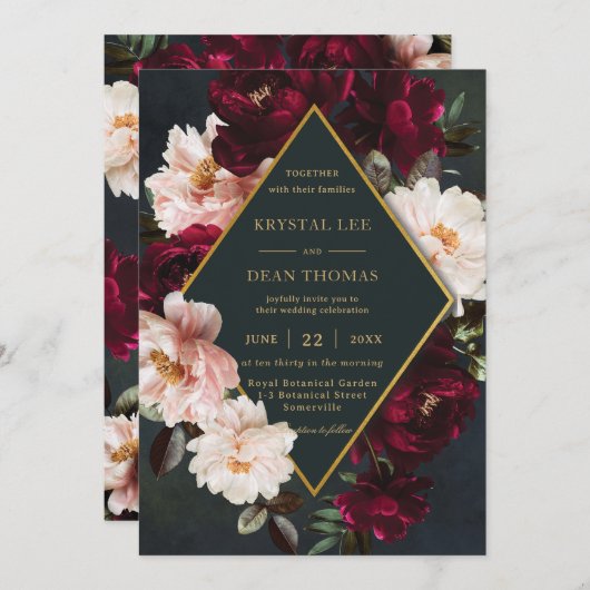 Moody Bourgondië Blush Bloemen Pioenrozen Groene B Kaart (Voorkant / Achterkant)