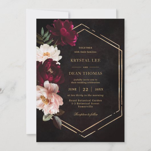 Moody Bourgondië Blush Roze Bloemen Pioenrozen Bru Kaart (Voorkant)