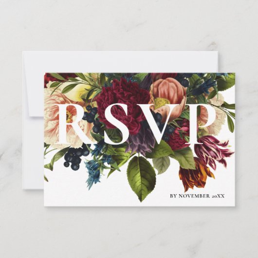 Moody Bourgondië Winter Bloemen bruiloft RSVP Kaartje (Voorkant)