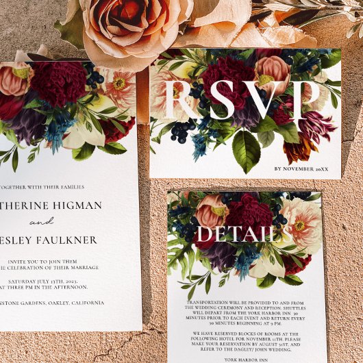 Moody Bourgondië Winter Bloemen bruiloft RSVP Kaartje