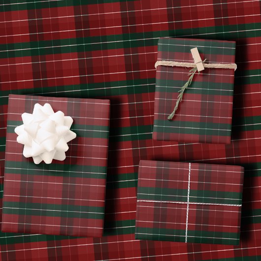 Moody Burgundy and Hunter Green Stripe Plaid Xmas Inpakpapier Vel