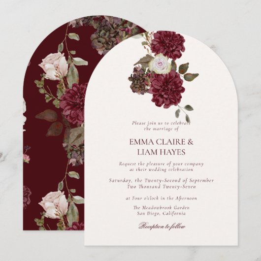 Moody Burgundy Arched Autumn Wedding Invitation Kaart (Voorkant / Achterkant)