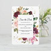 Moody Burgundy Bloemmotief | Rustieke Aquarel Save The Date (Staand voorkant)