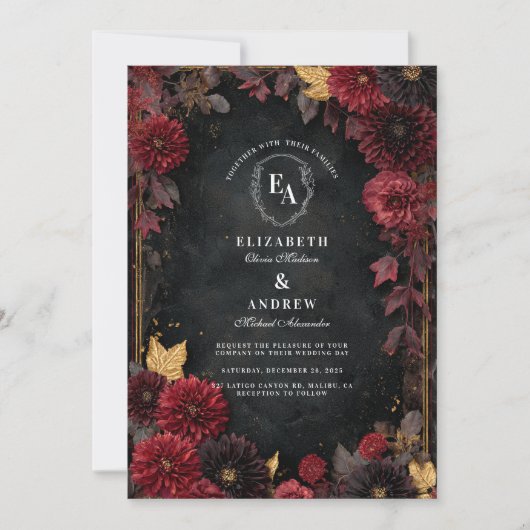 Moody Burgundy Dahlia Fall Wedding Kaart (Voorkant)