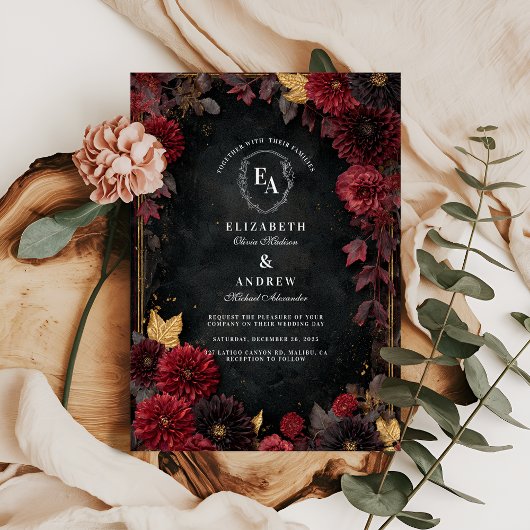 Moody Burgundy Dahlia Fall Wedding Kaart