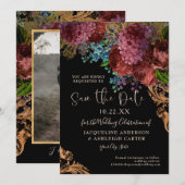 Moody  Burgundy Floral Gold Black Foto Save The Date (Voorkant / Achterkant)