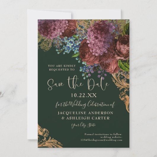 Moody  Burgundy Floral Gold Emerald Foto Save The Date (Voorkant)
