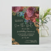 Moody  Burgundy Floral Gold Emerald Foto Save The Date (Staand voorkant)
