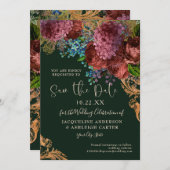 Moody  Burgundy Floral Gold Emerald Foto Save The Date (Voorkant / Achterkant)