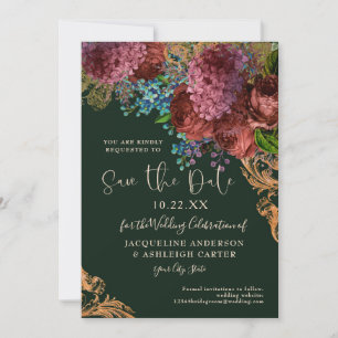 Moody  Burgundy Floral Gold Emerald Foto Save The Date