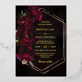 Moody Burgundy Floral Peonies Wedding Folie Uitnodiging