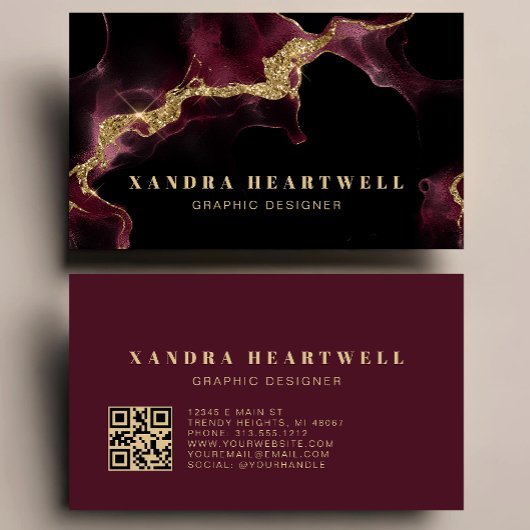 Moody Burgundy Gold Glitter Ink Abstract QR Code Visitekaartje
