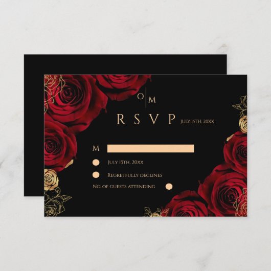 Moody Burgundy Roses Wedding RSVP card (Voorkant / Achterkant)