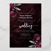 Moody Burgundy Silver Floral Wedding Folie Uitnodiging (Voorkant)