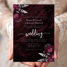Moody Burgundy Silver Floral Wedding Folie Uitnodiging