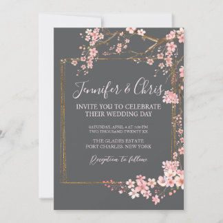 Moody Charcoal and Pink Cherry Blossom Wedding Kaart