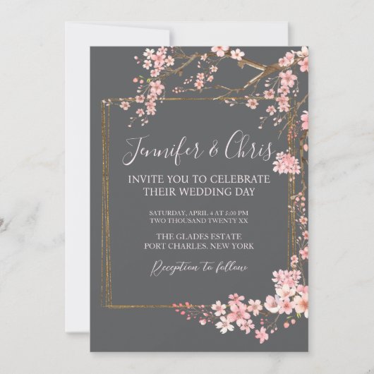 Moody Charcoal and Pink Cherry Blossom Wedding Kaart (Voorkant)