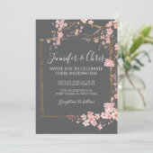 Moody Charcoal and Pink Cherry Blossom Wedding Kaart (Staand voorkant)