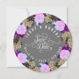 Moody Charcoal Gray Vintage Floral Fuchsia Rose Save The Date