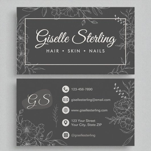 Moody Charcoal Grey Bloemen Line Art Modern Script Visitekaartje
