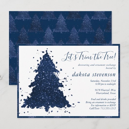 Moody Christmas | Classy Navy Blue Tree Trim Party Feestdagenkaart (Voorkant / Achterkant)