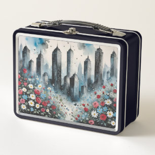 Moody City Skyline met bloeiende wilde bloemen