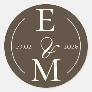 Moody Coffee Ivory Monogram Date Wedding Ronde Sticker