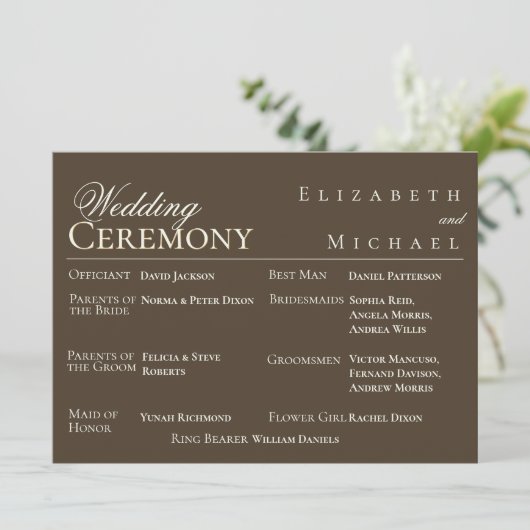 Moody Coffee Minimalist Wedding Program Timeline Menu (Staand voorkant)