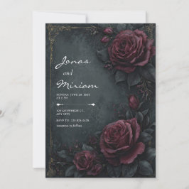 Moody Dark Charcoal Burgundy Rose Floral Wedding Kaart