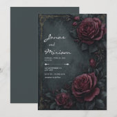 Moody Dark Charcoal Burgundy Rose Floral Wedding Kaart (Voorkant / Achterkant)