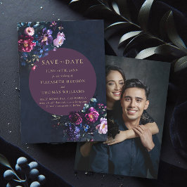 Moody Dark Elegant Bloemen Paarse Foto Bruiloft Save The Date
