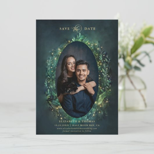 Moody Dark Elegant Enchanted Forest Fotobruiloft Save The Date (Staand voorkant)
