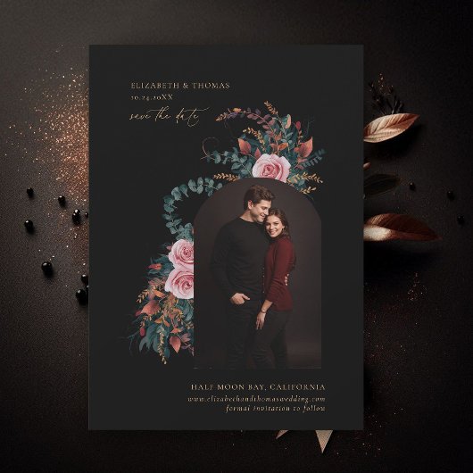 Moody Dark Elegant Foliage Herfst Boog Foto Bruilo Save The Date